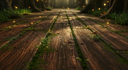 Obraz premium A moss-covered wooden path illuminated by whimsical lights leads into the enchanting depths of a mystical forest, inviting exploration.