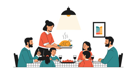 Family gathering around the table enjoying a delicious roasted turkey dinner together