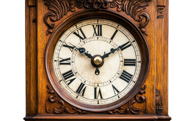 Fototapeta premium Antique wooden grandfather clock face with roman numerals isolated on white background