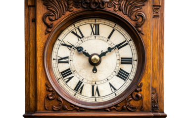 Antique wooden grandfather clock face with roman numerals isolated on white background