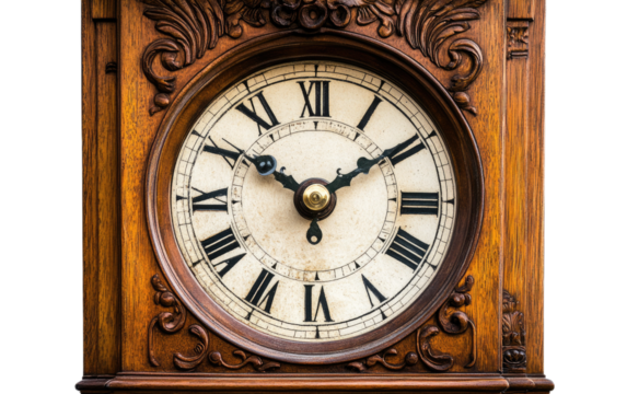 Antique wooden grandfather clock face with roman numerals isolated on white background