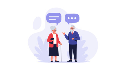 Elderly couple engaged in a lively conversation sharing thoughts and ideas with speech bubbles above them