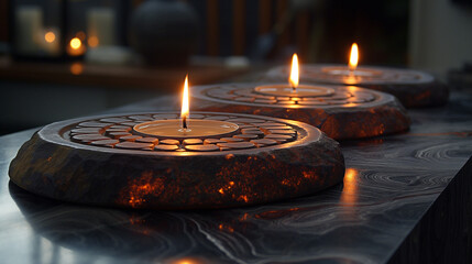 Warm Candle Flames in Dark Stone, Relaxing Ambiance with Textured Elements.