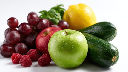 Produce plant concept Fresh produce includes variety of fruits and vegetables like apples, grapes, cucumbers, and lemons that enhance healthy meals