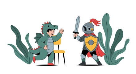 Young knight in armor with sword and shield faces friendly dragon costume character in playful outdoor scene