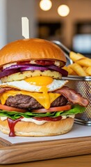 Gourmet australian burger with egg, bacon, cheese, pineapple, beetroot, and french fries