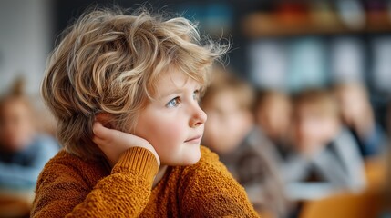 A young boy with curly hair sits in a classroom, looking pensive while surrounded by classmates. His expression conveys curiosity and contemplation, making it ideal for educational childhood learning