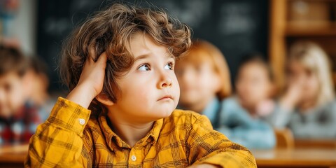 A young boy with curly hair sits in a classroom, looking pensive while surrounded by classmates. His expression conveys curiosity and contemplation, making it ideal for educational childhood learning