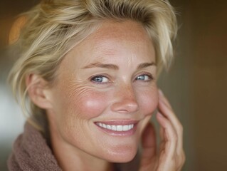 A middle-aged blonde woman with a warm smile, gently touching her face. The soft lighting highlights her natural beauty, making it perfect for beauty, wellness, or lifestyle advertising.