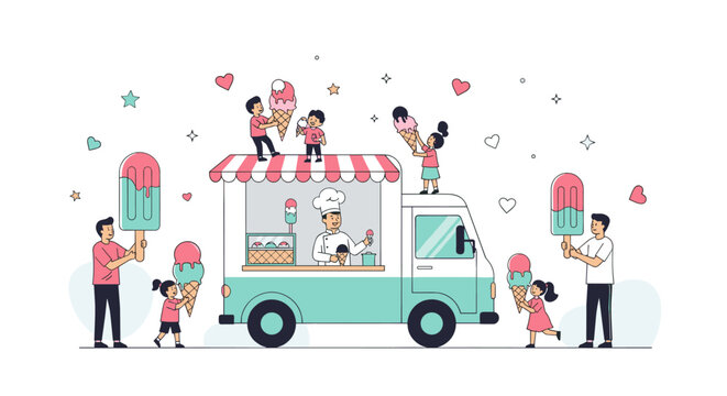 Enjoying sweet frozen treats from a cheerful ice cream truck on a sunny day