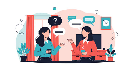 Two women discussing ideas while drinking coffee in a cozy living room with plants and a clock on the wall