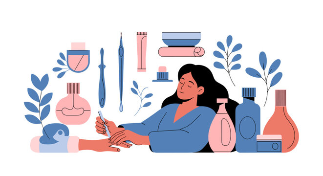 A woman receiving a manicure and pedicure with various beauty products and botanical elements for a relaxing spa experience