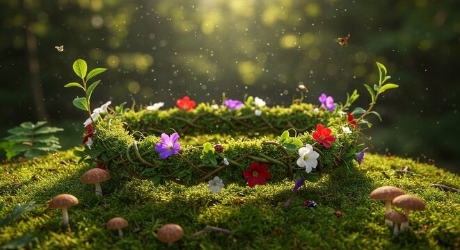 Mossy flower crown on a moss covered surface with mushrooms and insects in a sunlit forest glade. Fairytale, whimsical aesthetic.