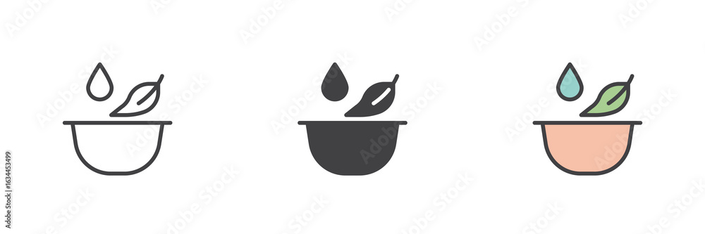 Poster mortar and drop icon set in line, solid and filled outline style