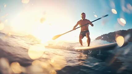 A dynamic action shot of a man paddleboarding on a wave during sunset. The style is actionoriented, with a focus on capturing the essence of the moment rather than intricate details.