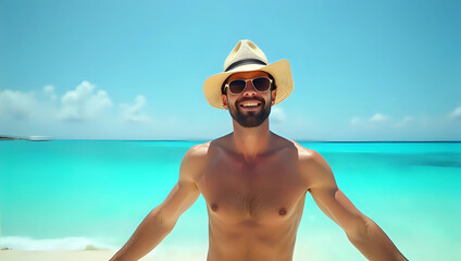 Portrait of happy bearded man wearing sun hat and sunglasses, beautiful tropical paradise beach with turquoise ocean water background and clear blue sky - summer vacation lifestyle concept 