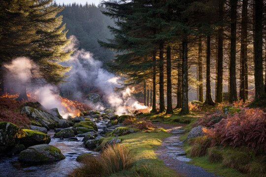 Steam rising over a rocky stream in a sunlit forest