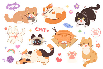 A set of cute cat illustration stickers. Cats in various poses.