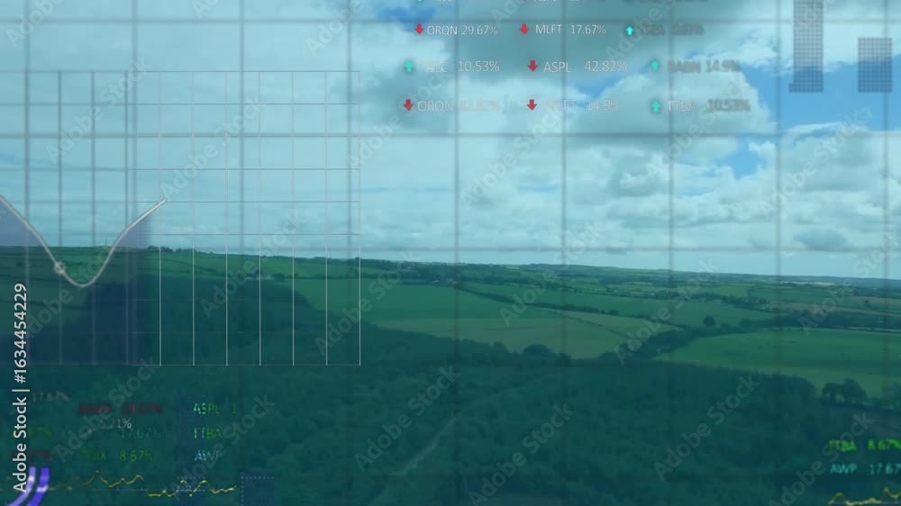 Poster upon aerial view emerging, data overlays fading and animating while visualizing farm stats