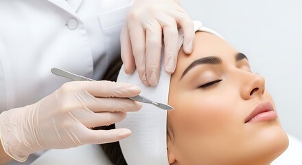 Woman receiving dermaplaning facial treatment with scalpel and white cloth wrap