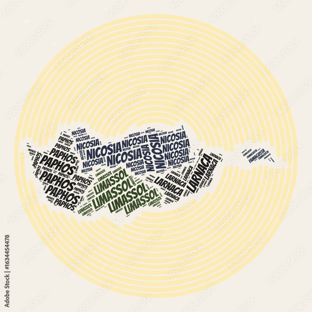 Poster cyprus round poster. typography style image of country. regions word clouds of cyprus. vintage image