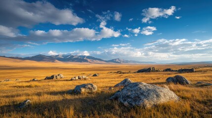 Fototapeta premium A breathtaking vista of a vast prairie, under a blue sky with clouds and mountain silhouette 