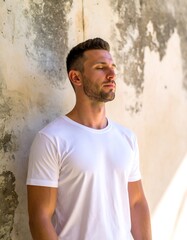 Peaceful young man with closed eyes, leaning against an old, textured wall. He is wearing a white tshirt, appearing calm and contemplative in a moment of tranquility.