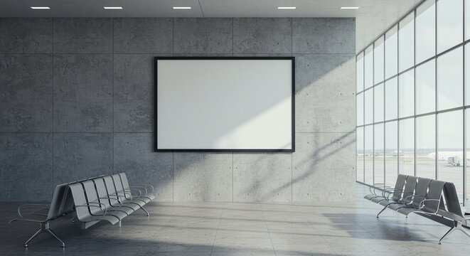 An empty airport waiting area features minimalist seating, a blank frame on the wall, and large windows, casting shadows across the scene.