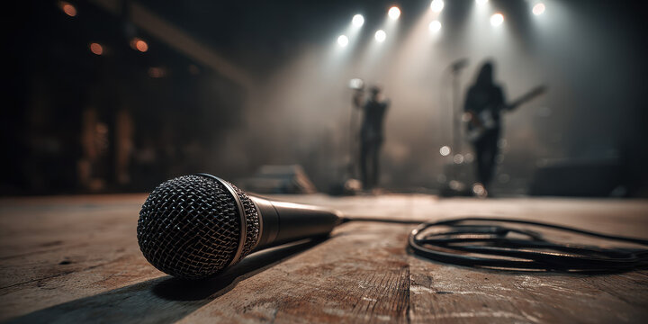 Microphone on stage floor with blurred rock band in background