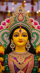 Fototapeta premium Hindu Goddess Durga yellow face with Traditional Ornaments