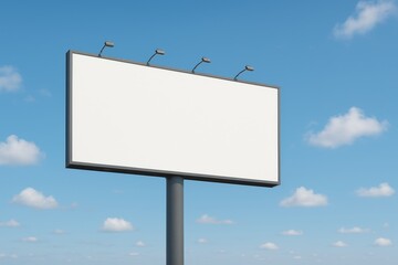 the image shows a blank horizontal billboard on a gray pole, set against a bright sky filled with puffy white clouds