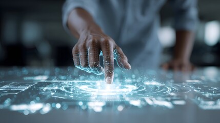 Businessman using futuristic smart foam interface as an adaptive touch-responsive surface projecting holographic feedback in glowing neon sci-fi office