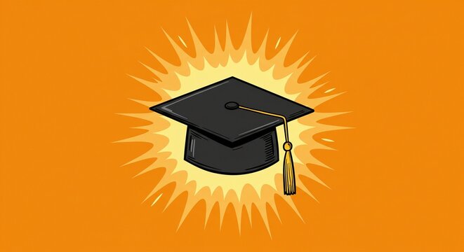 Vibrant cartoon graduation cap radiates success against a burst of energy on orange background.