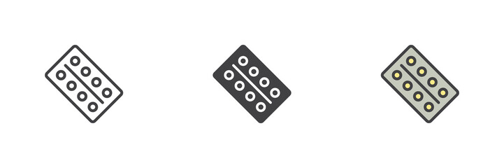 Tablet blister pack icon set in line, solid and filled outline style