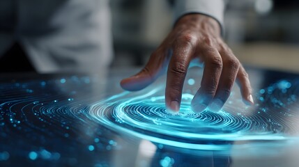 Businessman using gesture-driven controls like pinch and swipe to manipulate floating holograms over an intelligent smart foam surface 