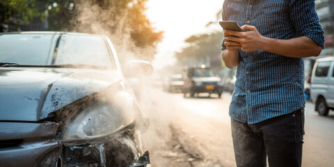 Close-up of smoking damaged car after accident with blurred person in background