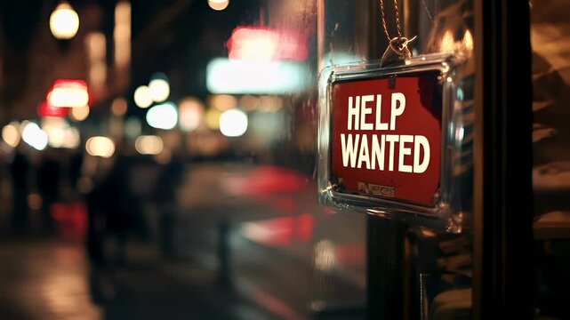 A nighttime city street scene with a HELP WANTED sign hanging from a glass door. The sign is red with white lettering and has a white border. The background is blurred.