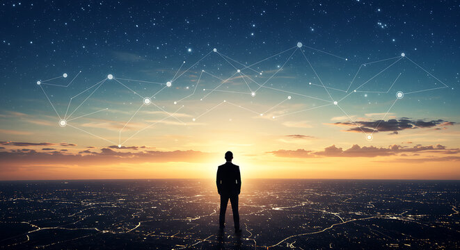 A man stands in a powerful pose on a vast network of lights, gazing at a digital network in the sunset sky, a strong representation of technology, vision, and the future. - Powered by Adobe
