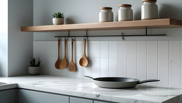 Modern Minimalist Kitchen: Grey Frying Pan on Marble Countertop with Oak Shelf and Wooden Utensils - Powered by Adobe