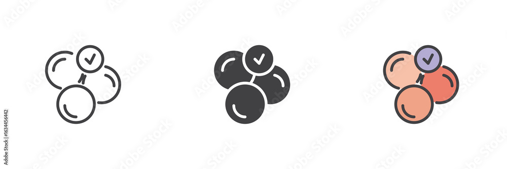 Poster three pill cluster icon set in line, solid and filled outline style