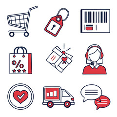 A Bundle of Shopping icons set with cart, basket, bag, gift, sale tag, and delivery symbols vector 