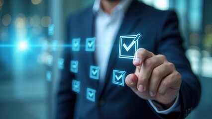 Quality Assurance and Document Control with Checklist Icons. Businessman mark off items on digital checklist, representing quality assurance and document control processes, verification goals.