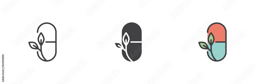 Poster capsule with leaf icon set in line, solid and filled outline style