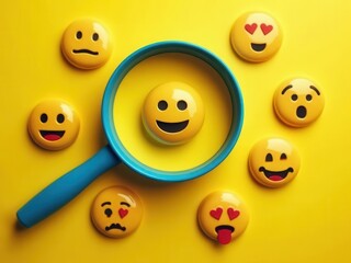Customer review satisfaction feedback survey concept to gather insights and improve its services. A magnifying glass focuses on smile face among different feedback emoticons on yellow background.