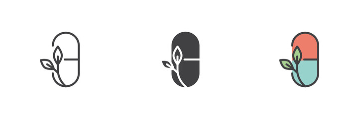 Obraz premium Capsule with leaf icon set in line, solid and filled outline style