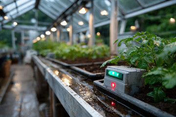 A greenhouse displaying advanced technology for monitoring plant growth, emphasizing the integration of nature and technology for sustainable agriculture practices.