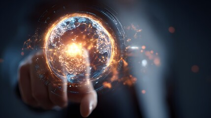 Rotating glowing globe sphere with digital network overlays surrounded by high-tech interfaces and a businessman interacting via smart foam