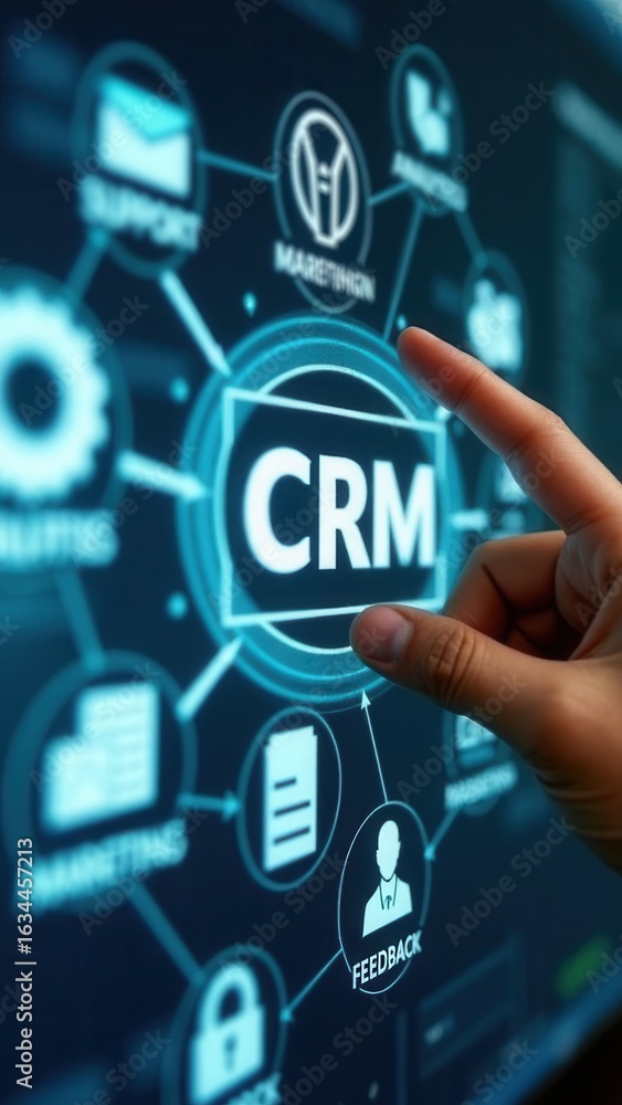 Aufkleber crm system for customer relationship management. a person interacts with crm interface icons for sup