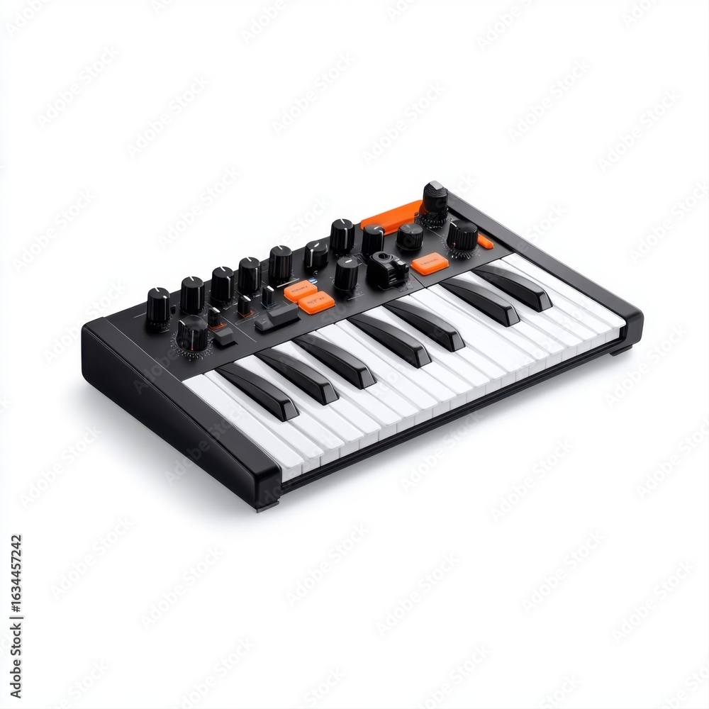 Poster compact synthesizer keyboard with keys and controls in black and orange