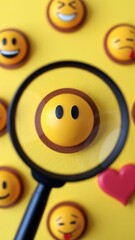 Customer review satisfaction feedback survey concept to gather insights and improve its services. A magnifying glass focuses on smile face among different feedback emoticons on yellow background.